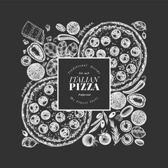 Hand Drawn Vector Pizza Illustration. Not AI Generated. Retro Pepperoni Pizza Chalk Board Design Template. Old School Italian Food