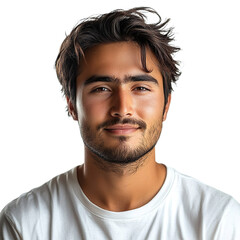 Obraz premium Front view close up of an extremely beautiful young man from Afghanistan in a white t-shirt smiling isolated on a white transparent background