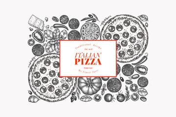 Hand Drawn Vector Pizza Illustration. Not AI Generated. Retro Pepperoni Pizza Design Template. Old School Italian Food