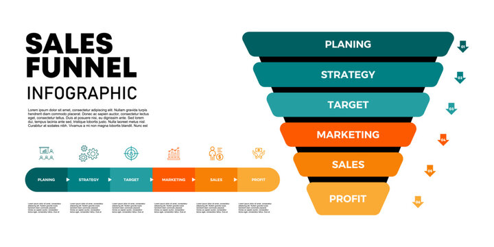 Infographic Sales funnel diagram template for business. 6 steps level, digital marketing data, presentation vector infographics. Vector eps 	
