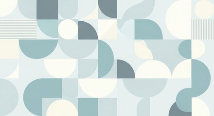 Abstract geometric pattern featuring soft pastel blue cream and grey rounded shapes and lines creating a modern minimalist and calming visual aesthetic
