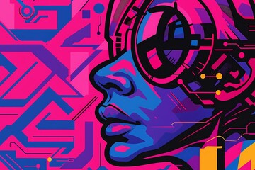 A futuristic woman in a tech visor stares forward, surrounded by a neon circuit pattern.

