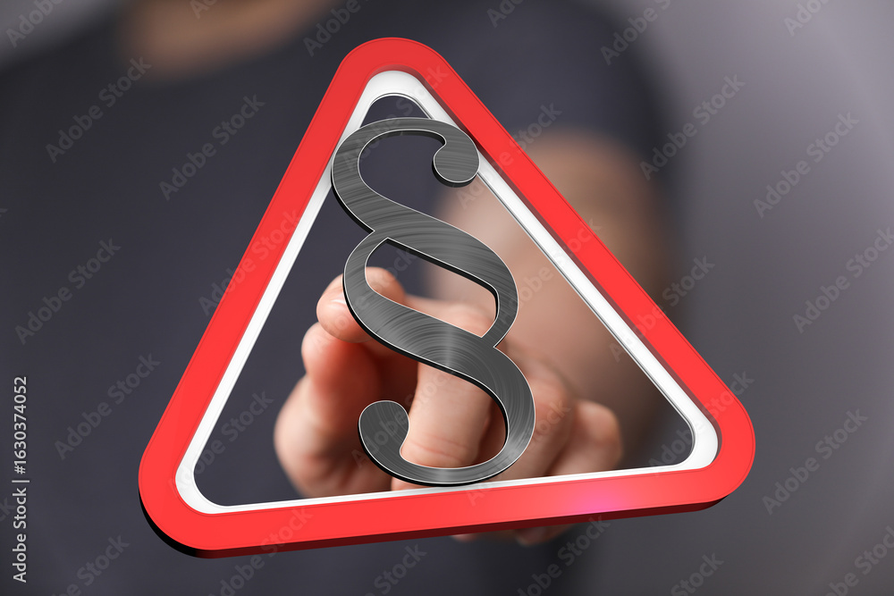Poster hand pointing at a paragraph symbol inside a red warning triangle. legal concept.