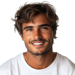 Obraz premium Front view close up of an extremely beautiful young man from Brazil in a white t-shirt smiling isolated on a white transparent background