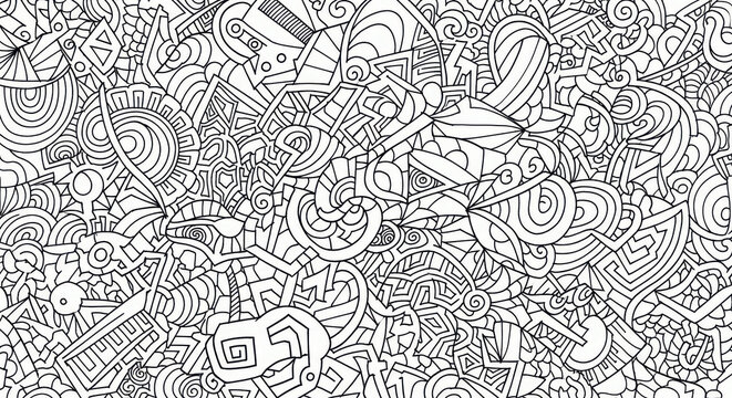 Intricate black and white abstract doodle art with geometric and organic shapes a complex visual pattern - Powered by Adobe