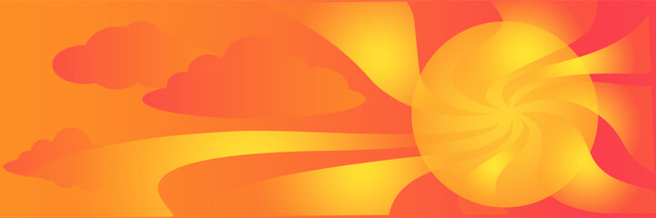 Yellow sun with wavy rays on the sky with clouds. Vector horizontal gradient background red, orange, yellow transitions. Empty banner with copy space.