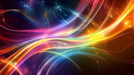 Abstract, flowing artwork displaying vibrant, multi-colored light trails across a dark background, suggesting energy