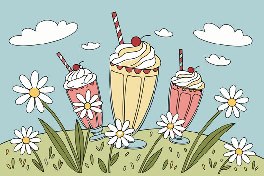 Illustration of three milkshakes with whipped cream and cherries in a field of daisies and clouds above