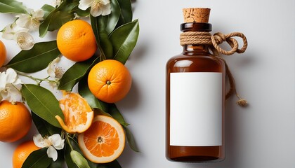 a still life composition featuring vibrant tangerines, blossoming orange tree branches, and a vintage amber glass bottle with a blank label, evoking a sense of natural wellness and citrus fragrance.