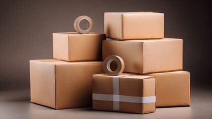 Obraz premium Stacked Cardboard Boxes with Tape Delivery or Storage in Studio Setting