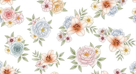 Delicate watercolor floral pattern with soft hues of pink peach and blue accents on a clean white background