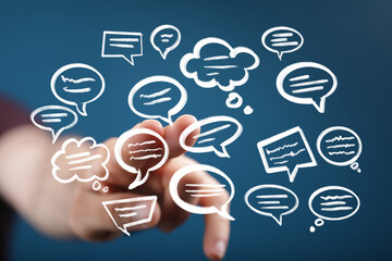 Abstract image of hand and speech bubbles, ideal for communication, social media, and networking...