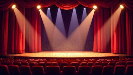 Empty Theater Stage: Red Curtains, Spotlights, and Rows of Seats, Dramatic Lighting, Anticipation Mood