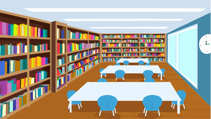Bright, colorful library interior; cheerful study space with multiple tables and chairs; abundant bookshelves filled with diverse books; large window; modern, minimalist style.