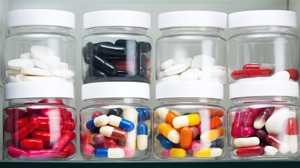 Neatly arranged medicine box and capsules on a pharmacy shelf, emphasizing cleanliness.