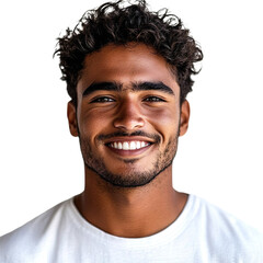 Obraz premium Front view close up of an extremely beautiful young man from Cuba in a white t-shirt smiling isolated on a white transparent background