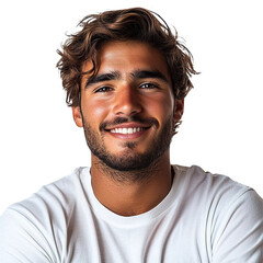 Obraz premium Front view close up of an extremely beautiful young man from Cyprus in a white t-shirt smiling isolated on a white transparent background