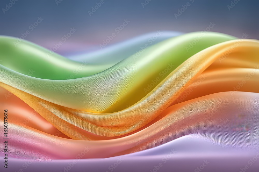 Poster multicolored satin fabric gracefully flowing in undulating waves showcasing vibrant hues of pastel c
