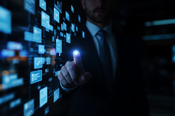 Businessman interacting with a futuristic digital interface of data screens