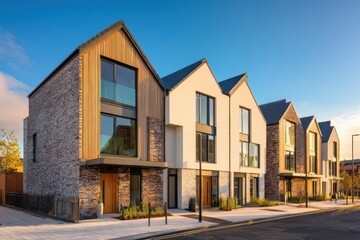 Modern residential buildings showcase sleek architecture in a suburban neighborhood during golden hour, highlighting unique designs and harmonious landscaping