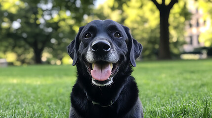 A black dog is smiling and looking at the camera