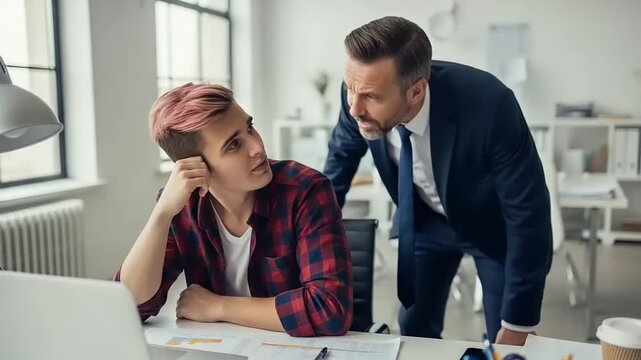Young employee in plaid shirt looks stressed while receiving feedback from a suited manager in office