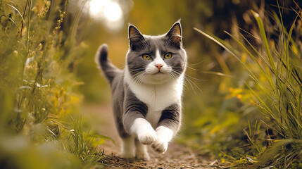 A grey and white cat is running through a field of grass
