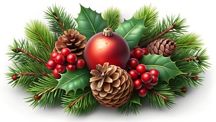 Festive christmas ornament with pine cones, red berries, and holly leaves isolated on white background for a holiday season celebration
