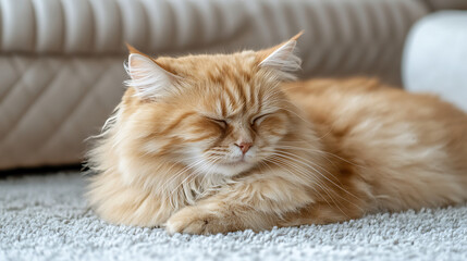 A cat is laying on the floor with its eyes closed