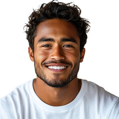 Obraz premium Front view close up of an extremely beautiful young man from Fiji in a white t-shirt smiling isolated on a white transparent background