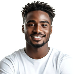 Obraz premium Front view close up of an extremely beautiful young man from Gabon in a white t-shirt smiling isolated on a white transparent background.