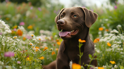 A brown dog is laying in a field of flowers