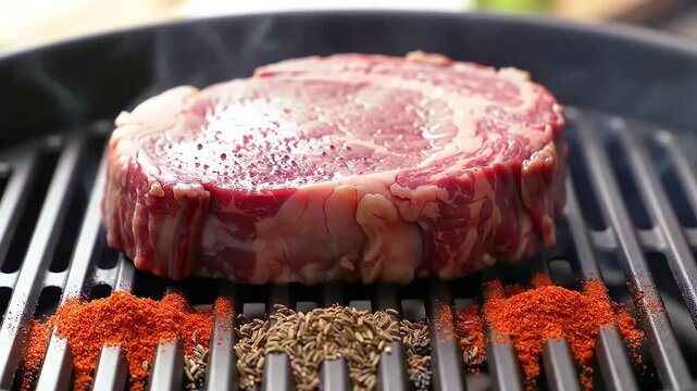 Ribeye steak grilling on outdoor grill with spices