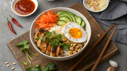 A fresh, healthy meal of gourmet chicken and green salad on a white plate is ready for a delicious lunch