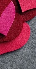 Close-up of layered felt hearts.  Various shades of red and pink felt hearts overlap on a gray background