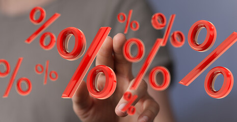 3D render of red percentage symbols hovering near a hand, ideal for finance, discounts, sales, and...