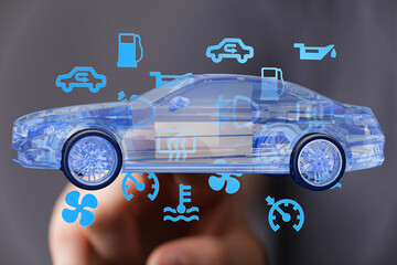 Modern car diagnostics, virtual interface, engine & system alerts.  Auto repair, maintenance.