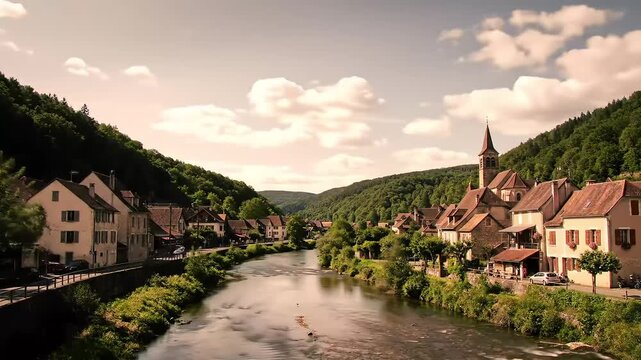 River village scenic, church steeple, valley, travel