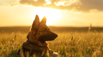 A dog is laying in a field of tall grass, looking up at the sun