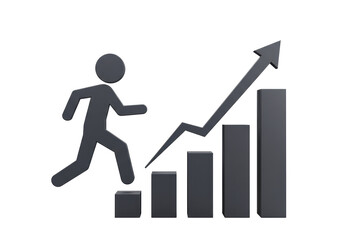 Isolated 3D Figure Running Up Growing Bar Chart with Upward Arrow Symbolizing Success