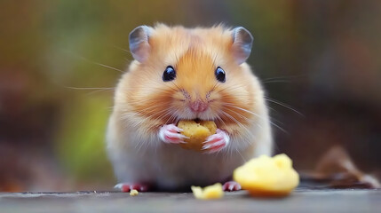 A hamster is eating a piece of food