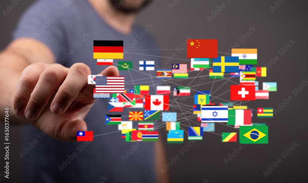 Poster image of a hand interacting with a network of world flags, symbolizing global connections and intern