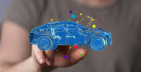 Futuristic blue car design.  Concept of auto innovation, technology, and digital future.