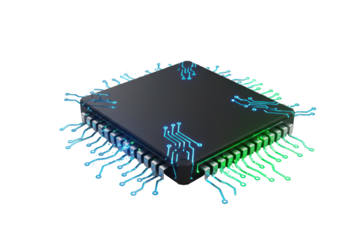 Isolated Advanced Computer Microchip with Glowing Circuitry for High-Tech Concepts