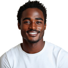 Obraz premium Front view close up of an extremely beautiful young man from Kenya in a white t-shirt smiling isolated on a white transparent background