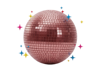 Isolated Sparkling Rose Gold Disco Ball with Colorful Stars for Party and Celebration
