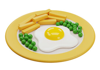 Isolated Delicious Plate of Fried Egg, French Fries, and Green Peas for Breakfast