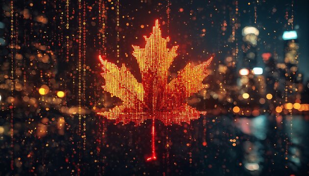 a vibrant digital rendering of a maple leaf composed of glowing binary code and bokeh lights against a dark, blurred background.