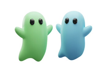 Isolated Pair of Cute Green and Blue 3D Rendered Cartoon Ghosts