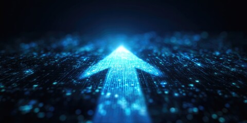 A glowing blue arrow pointing upward through a dark, digital matrix